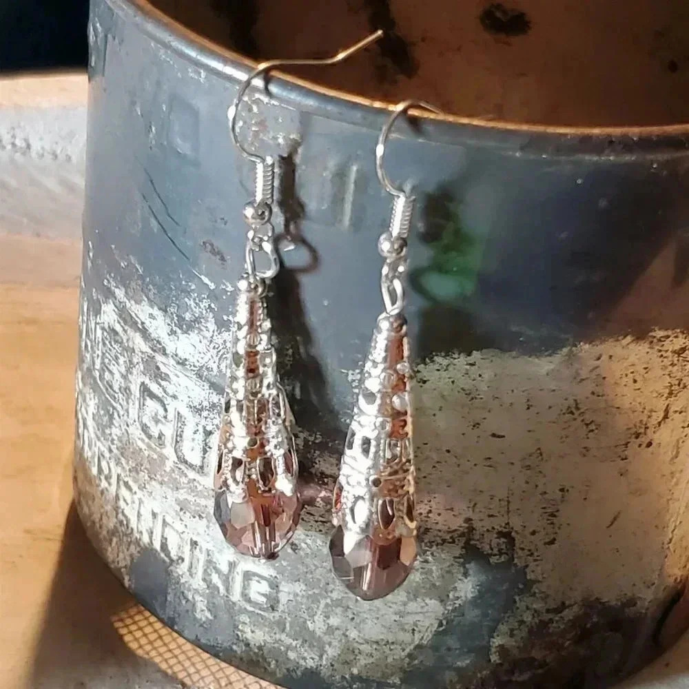 Caged Filigree Faceted Purple Crystal Silver Teardrop Earrings Handcrafted